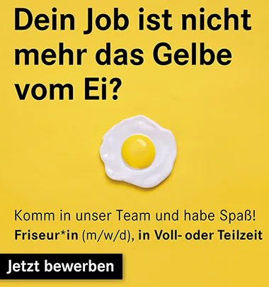 iCut Trendfrisuren - gelbe Plakate mit Spiegelei